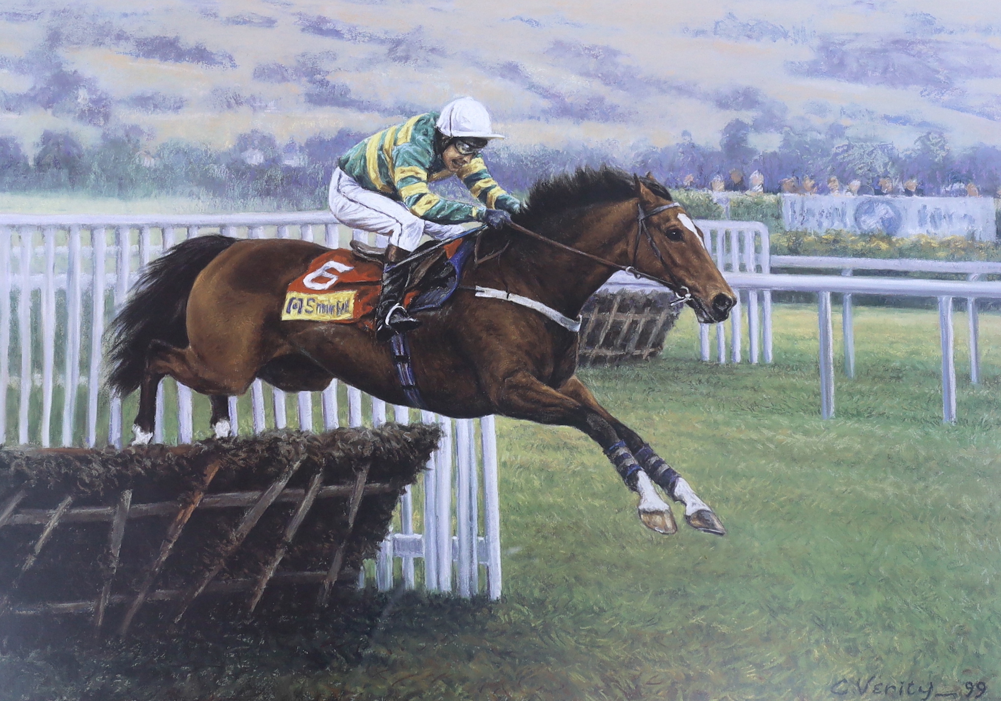 Claire Verity (20th. C), limited edition artist's proof colour print, Istabraq winning the Smurfit Champion Hurdle, Cheltenham, 1999, signed in pencil, inscribed label verso, 54 x 72cm